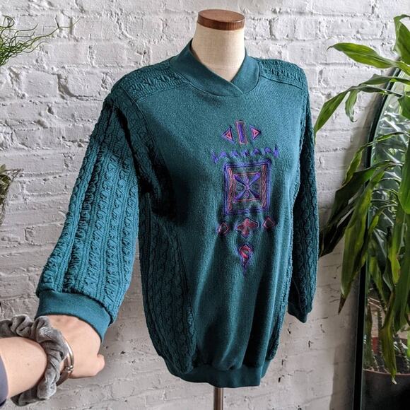 90s Vintage Funky Oversize Western Embroidered Geometric Knit Sweater - Picture 1 of 6